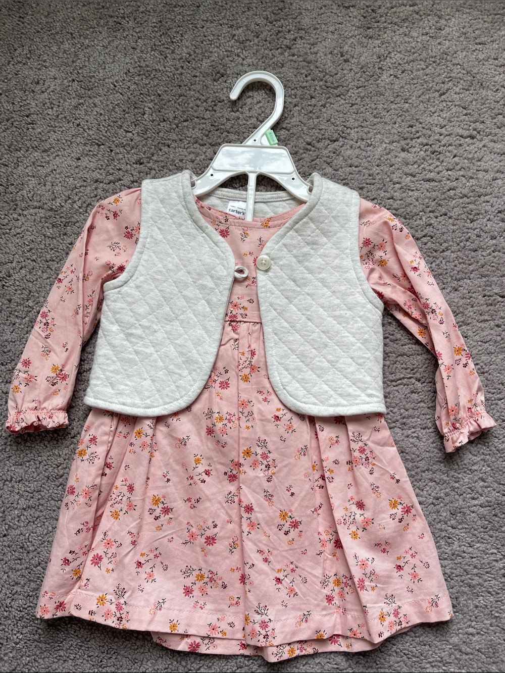 Carter's Pink Floral Dress with Cream Quilted Vest - Girls